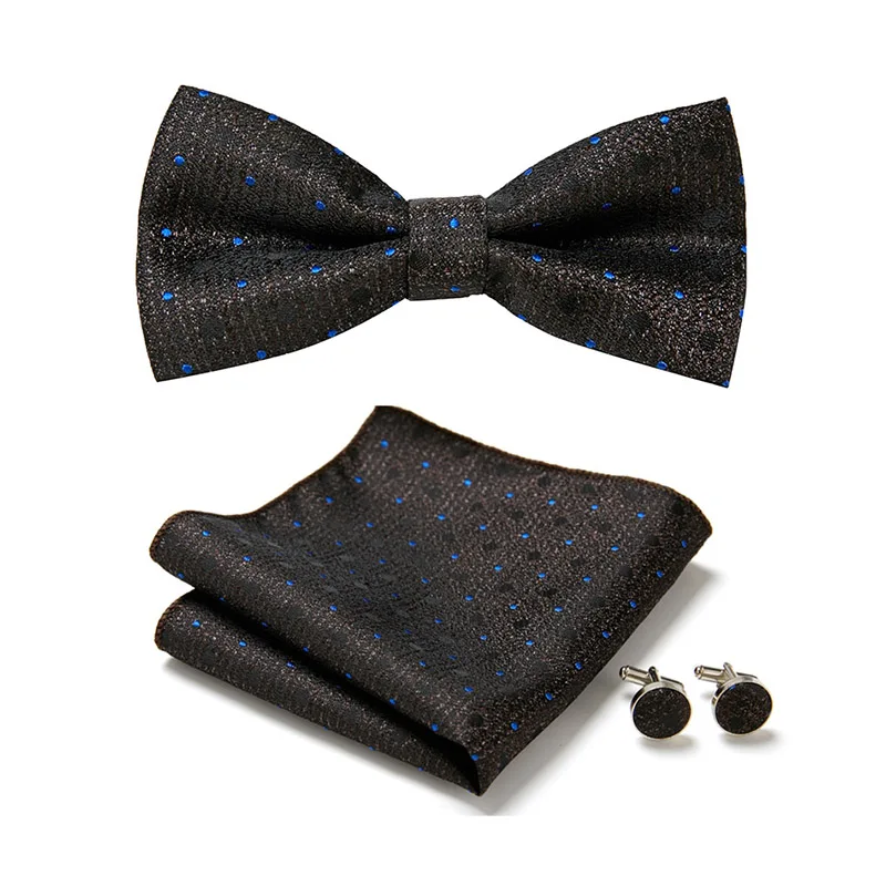 Dropshipping Fit Formal Party Silk Butterfly Tie Pocket Squares Cufflink Set Bowtie Box Male Polka dot  Ivory