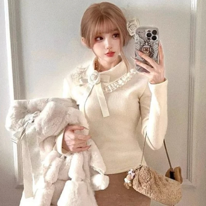 French Elegant T Shirts Peter Pan Collar Flower Lace Patchwork Solid Tops Slim Design Tees Spring Autumn Sweet Women's Clothing