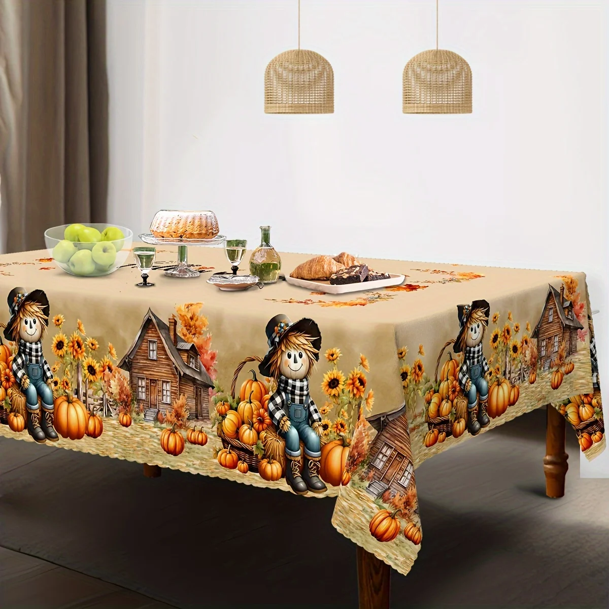 Autumn Scarecrow Pumpkins Sunflower Leaves Tablecloth for Table Decor Fall Harvest Kitchen Dining Table Cloth Thanksgiving Decor