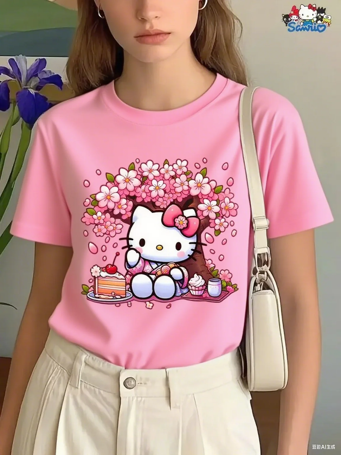 لطيف مرحبا كيتي زهر الكرز نزهة القطن تي شيرت العصرية المطبوعة العلامة التجارية القطن الخالص تي شيرت قصير الأكمام للجنسين جولة الرقبة #6