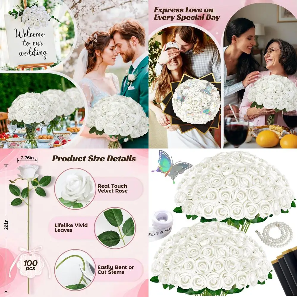 

100 штук белых искусственных шелковых роз с длинными стеблями для свадебных композиций и украшения ваз