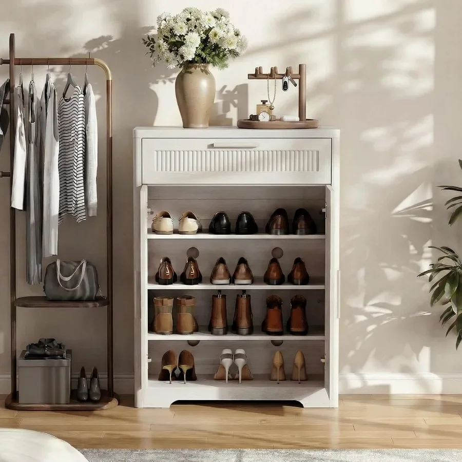 Reeded Accent Entryway Shoe Storage Cabinet, Whitewashed Oak