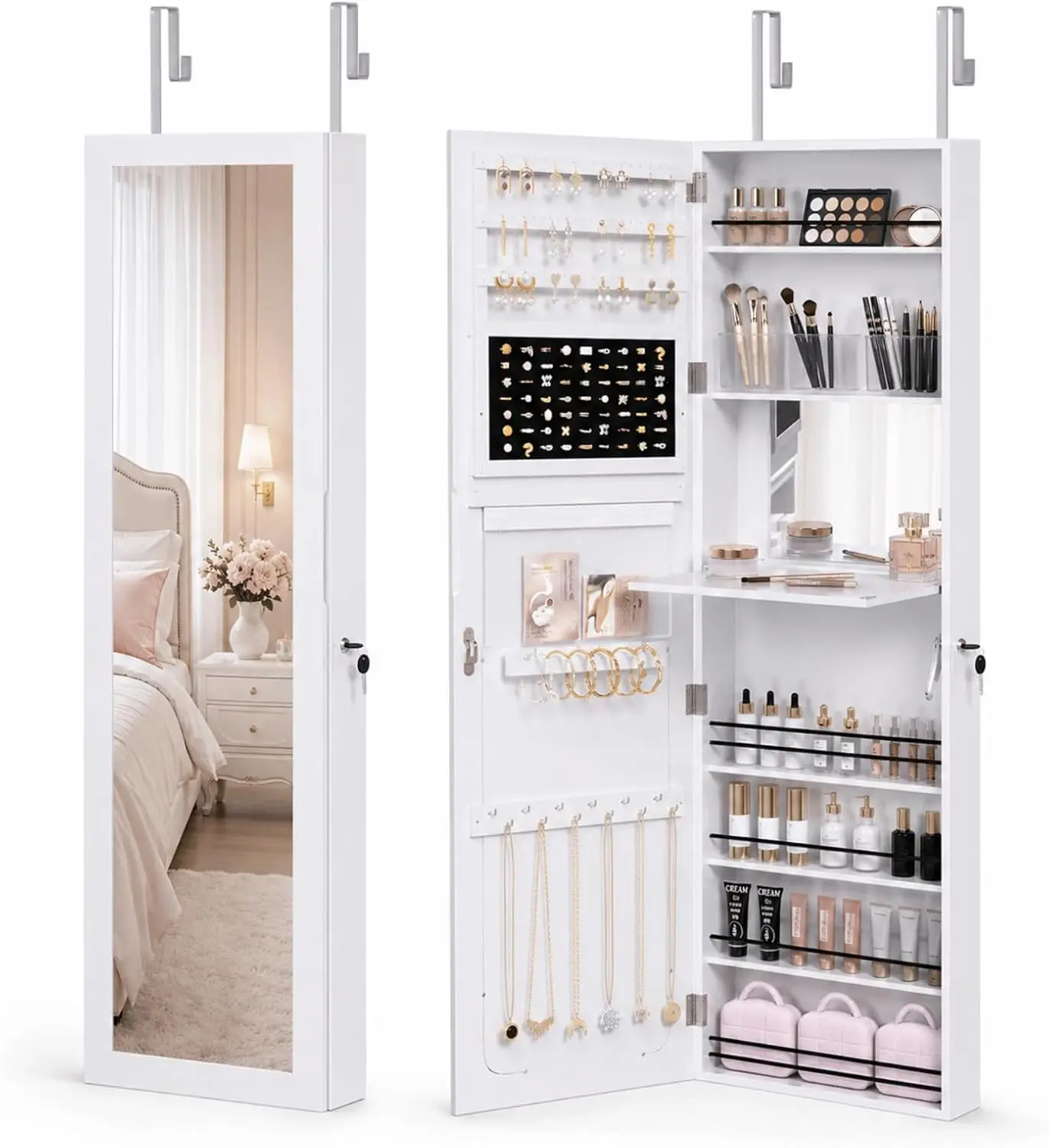 2 in 1  Jewelry Cabinet with Keys, Bedroom Bathroom Cosmetics Storage Cabinet with 6 Shelves (Modern White)