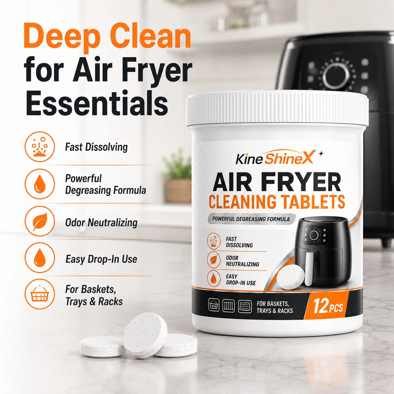 12 PCS Air Fryer Cleaning Tablets, Fast Dissolving Degreaser for Baskets, Trays and Racks, Grease and Odor Control, Kitchen Care