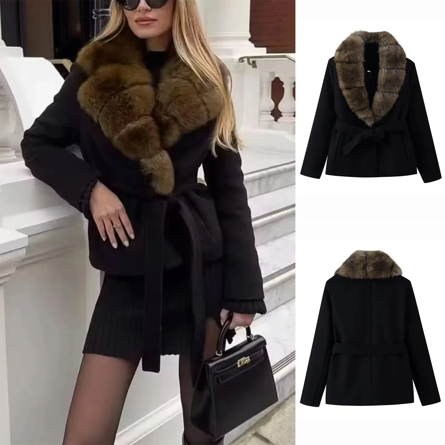 

Новое зимнее женское пальто с узлом на талии, воротник с поясом, длинный меховой воротник све, длина, шерстяная верхняя одежда