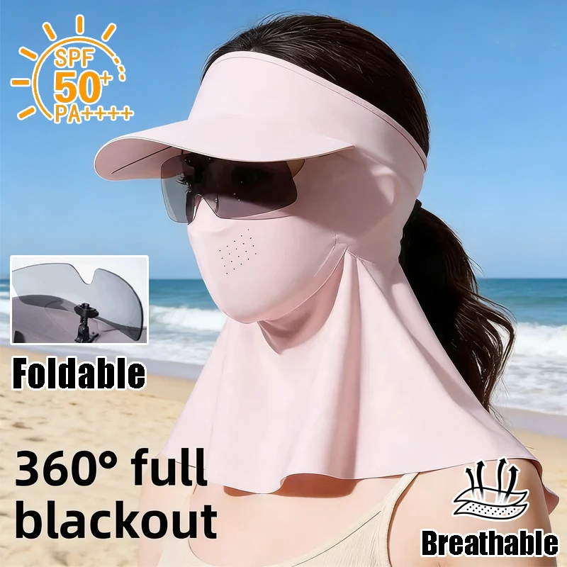 

360° Full Coverage Sun Protection Face Mask with Visor Hat UV Protection Ice Silk Face Gini for Women Summer