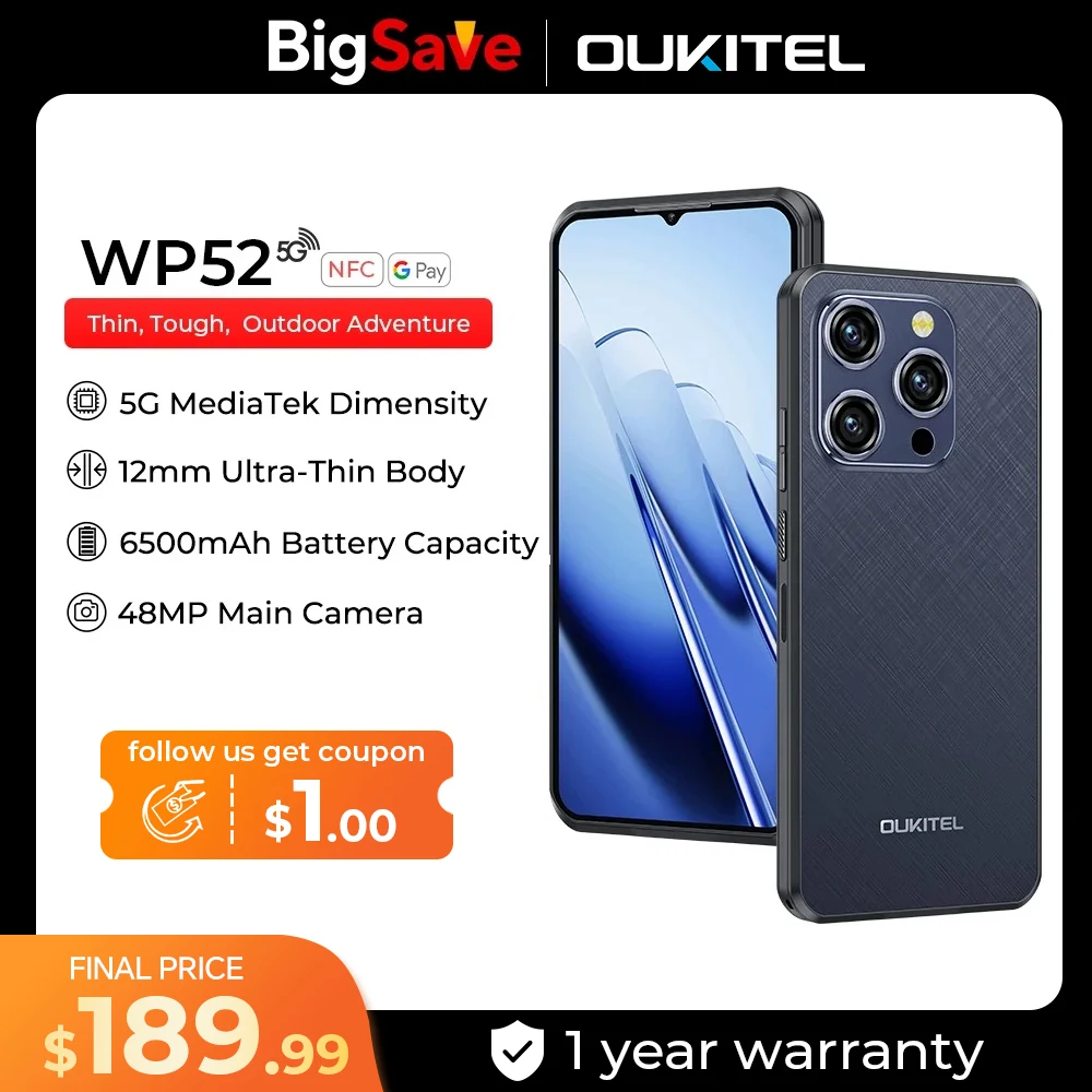 Oukitel wp52 5G 견고한 스마트폰, 6500mAh 16GB + 256GB 휴대폰, 안드로이드 14 48MP NFC 휴대폰, 월드 프리미어