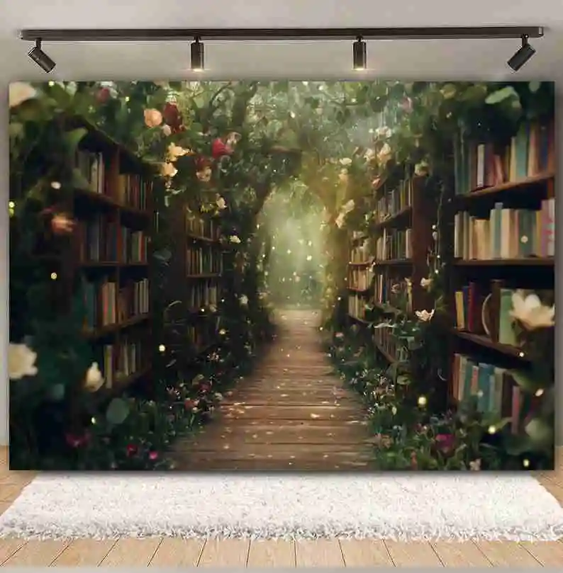 Fairy Tale Forest Library Photography Backdrop Plants Flowers Bookshelf Green Trees Child Birthday Party Photo Background Poster