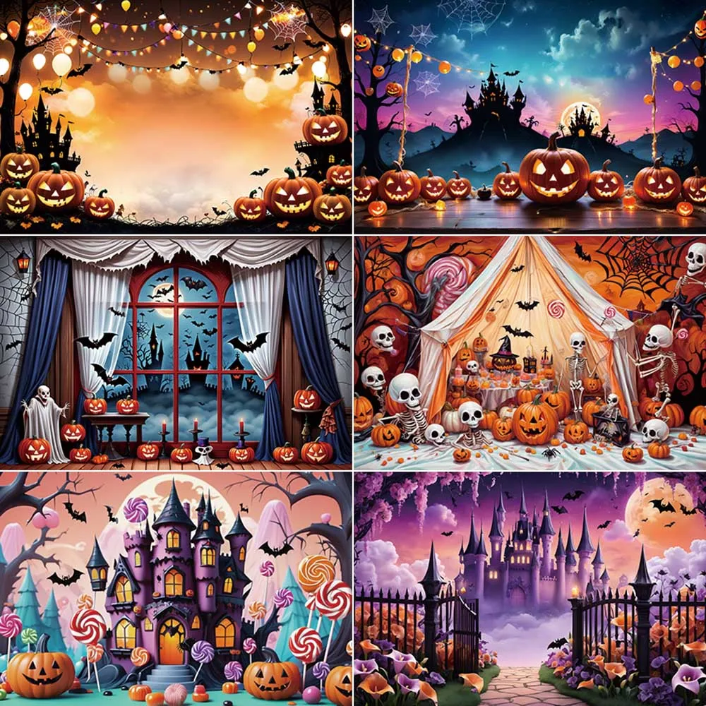 

MOON.QG 2025 Halloween Party Backdrop Photography Jack O Lantern Pumpkin Castle Photocall Background Baby Studio Photozone Props