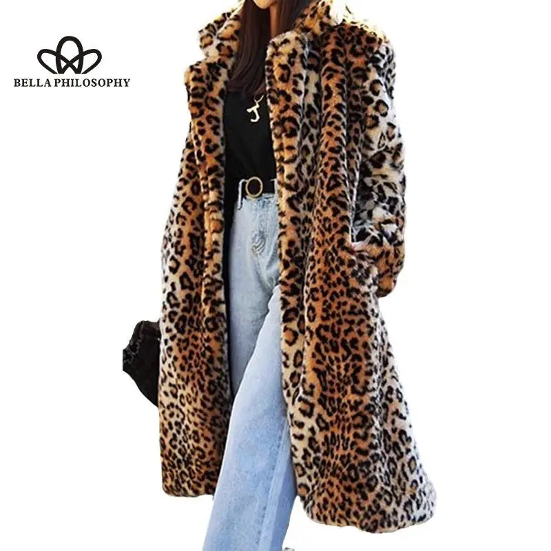 Fashionable All-match Lapel Leopard Print Faux Fur Coat Mid-length Coat Women\'s Long Sleeve