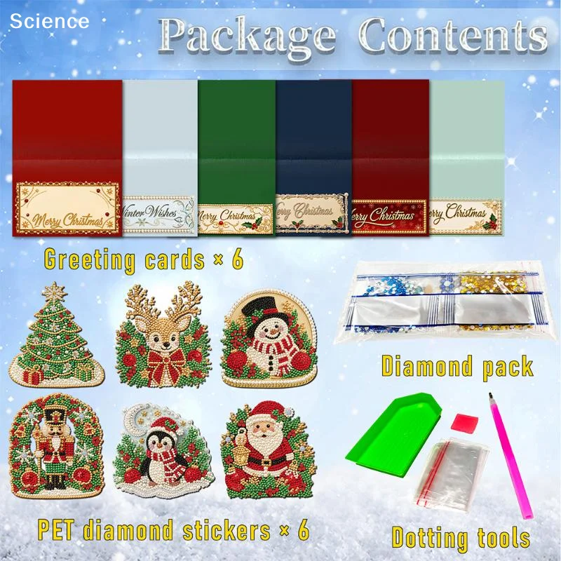 1/6Pcs DIY Merry Chrismas Greeting Cards Set 3D Pearl Diamond Art Christmas Cards Making Kit Xmas Wishes Cards Kits