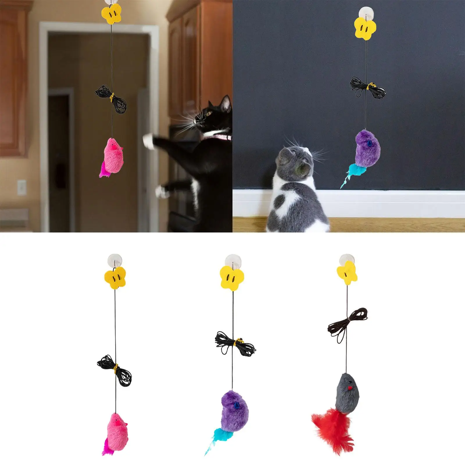 Hanging Mouse Cat Toy Elastic Rope Cat Plush Toy Door Frame Self Play Catcher Toy Interactive Sound Toy for Kitten Playing Chase