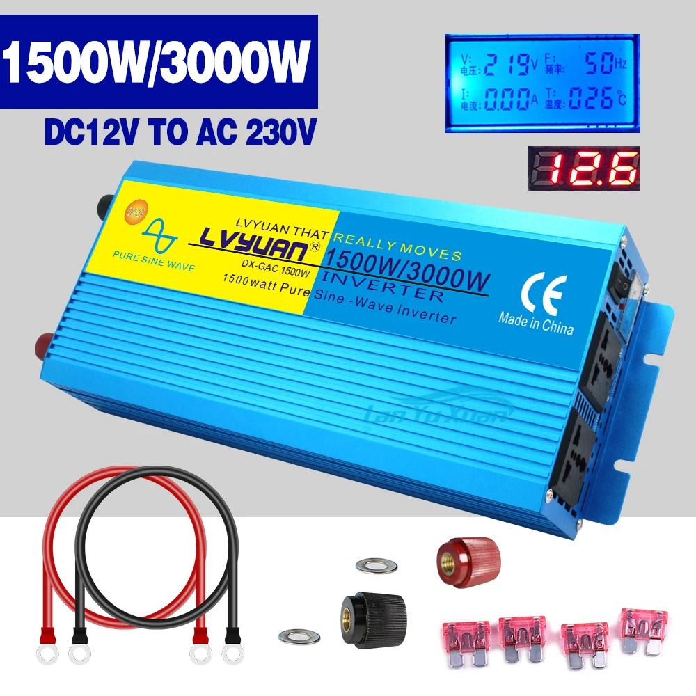 

3000W Pure Sine Wave DC 12V/24V To AC 110V/220V 60Hz Power Inverter LCD & LED Digital Display With Universal/US Socket Converter