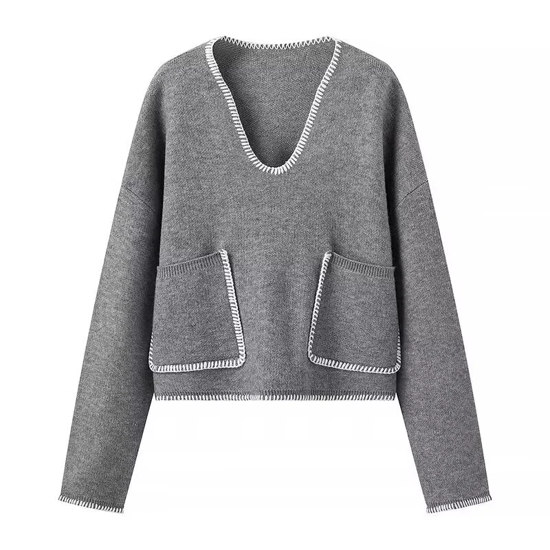 Suéter suelto cálido invierno Tops bolsillos bordado línea decoración Simple mujer Oficina señora alta clase gris suéter ropa de calle