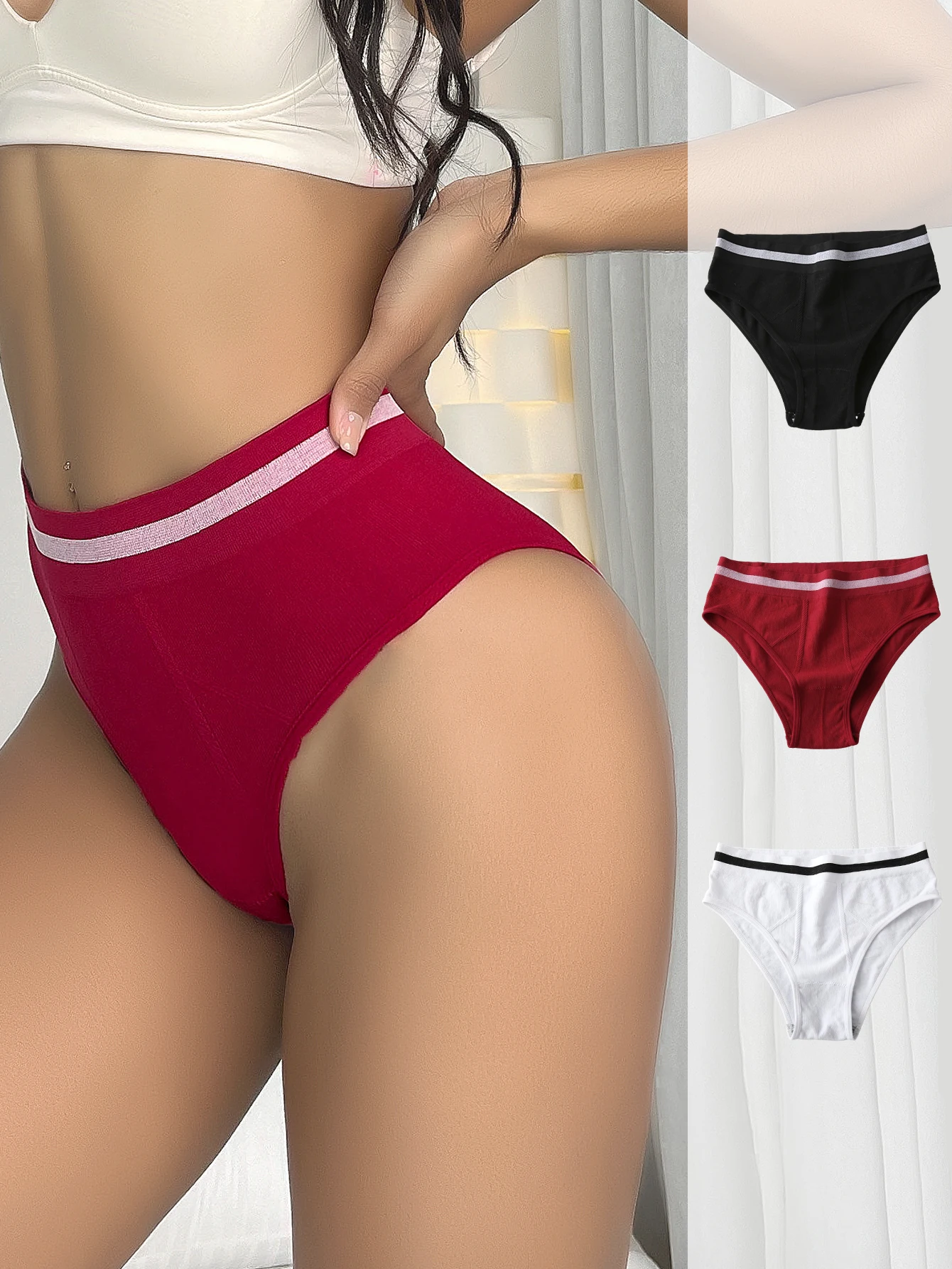 3Pcs Women\'s High Waist Panties, High Stretch Seamless Athletic Briefs, Solid Color Stripes Women Underwear