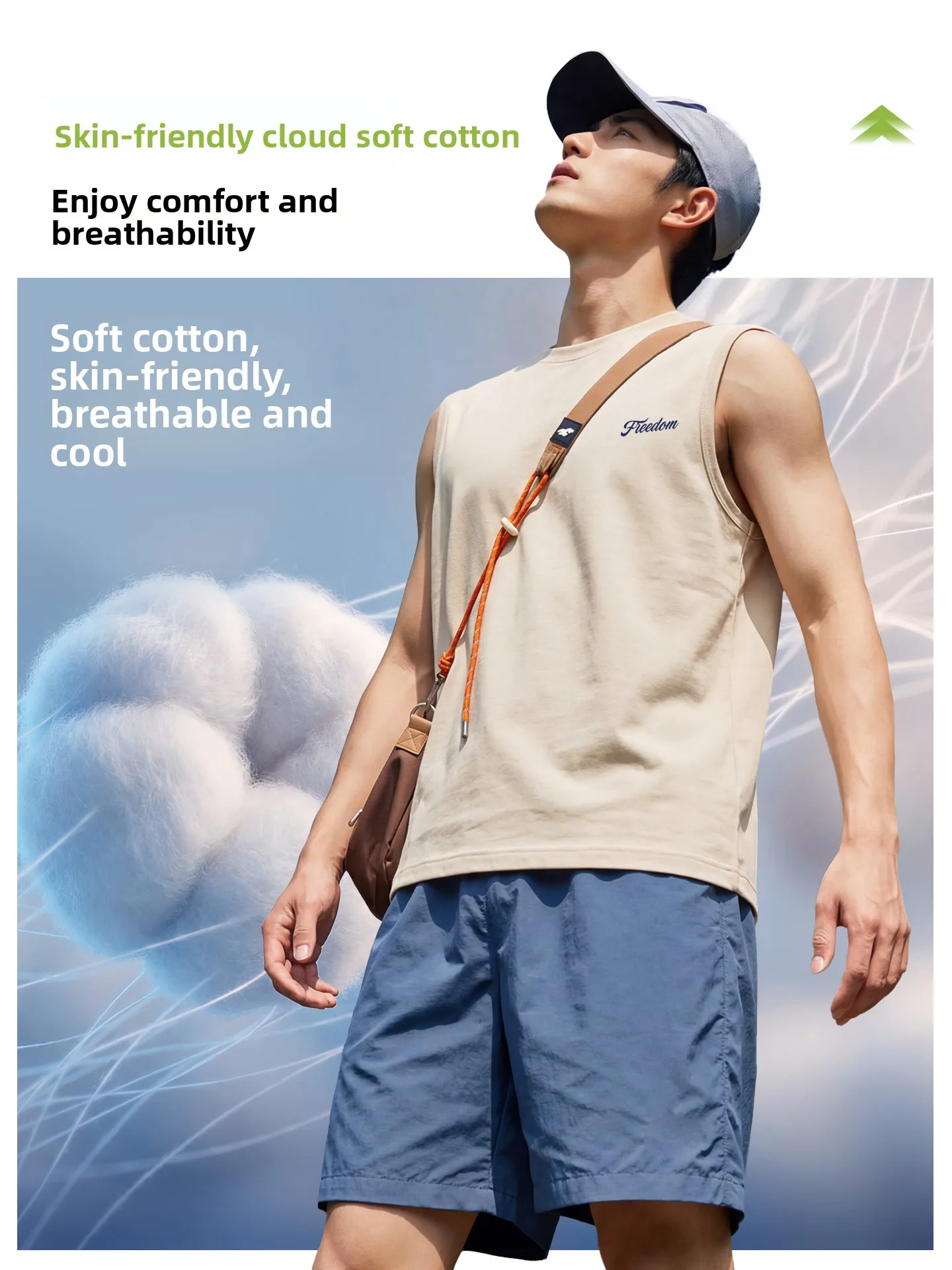 Pure Cotton Breathable Men's Tank Top Summer Outdoor Cycling Sweat Absorbent Shoulderless Light Blue Sleeveless T-Shirt
