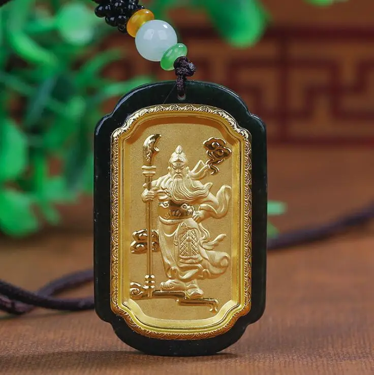 Natural Dark Green Hetian Jade + Solid Gold Inlaid Chinese Amulet GuanGong Pendant Necklace + Certificate Gift Fine Jewelry