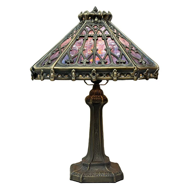 

14 inch European retro Spanish style purple handmade colored glass bedroom study decorative desk lamp