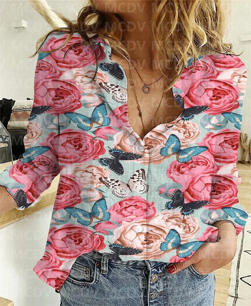 Camisa de lino con estampado 3D de flores para mujer, camisa informal con botones, ropa de calle única, 9 estilos