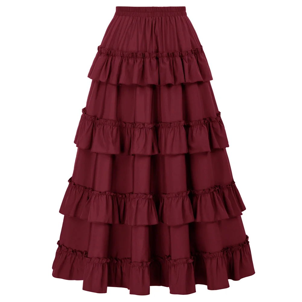 

Women Skirts Vintage Renaissance Length Adjustable Skirt Elastic-Waist Ruffled Maxi Skirt Steampunk Gothic Halloween Costume