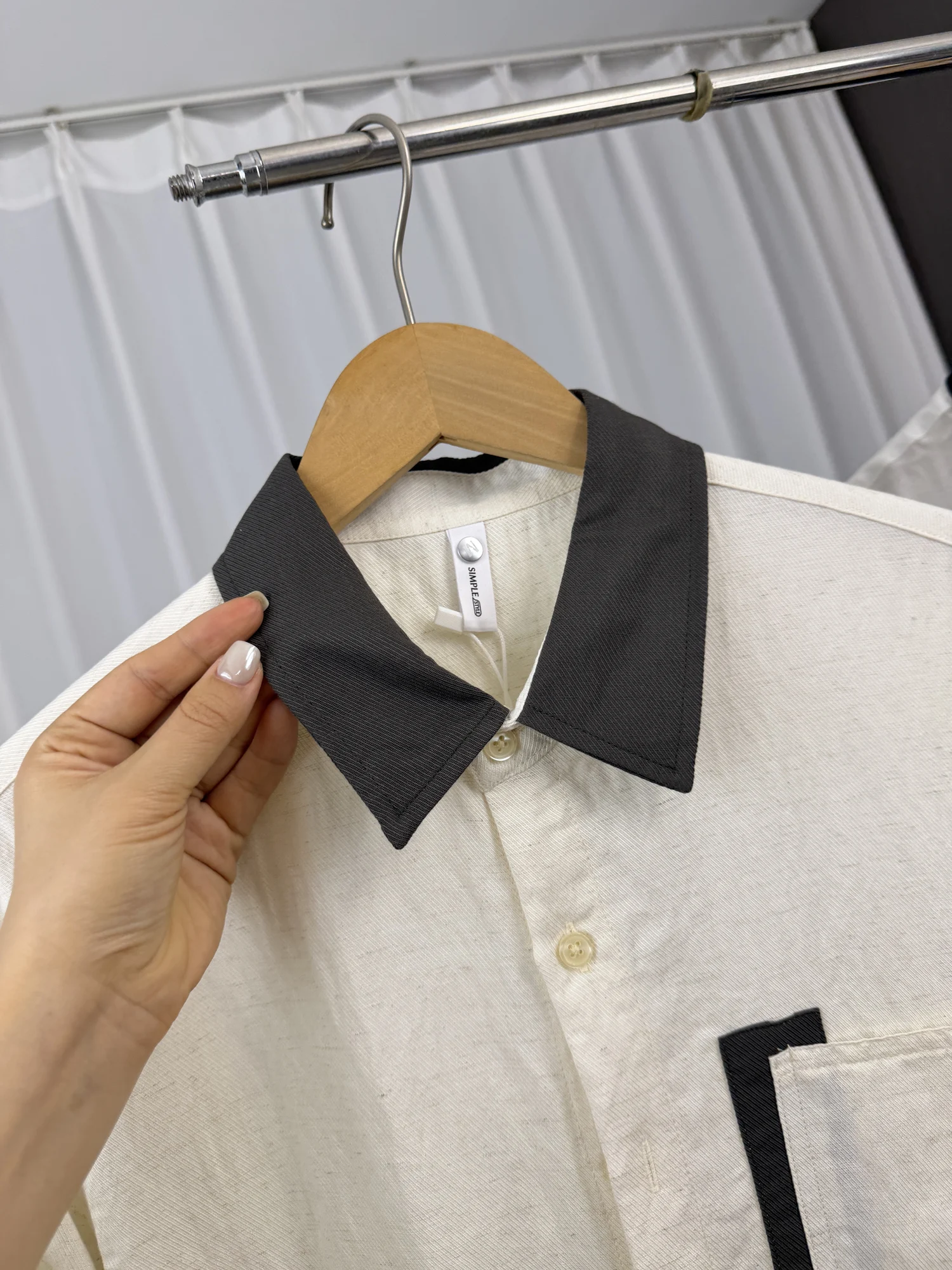 Linen Silk Mixed Long Sleeve Shirt Men's Casual Style Collar Stand up Autumn Fashion Textured Color Block Linen Laoqian Wind