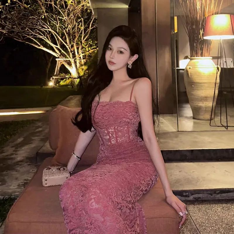 

Shpmishal 2024 Spring Fashion Evening Dress Women's New Raspberry Pink Lace Fishbone Sling Long Bra Dresses Female Clothing