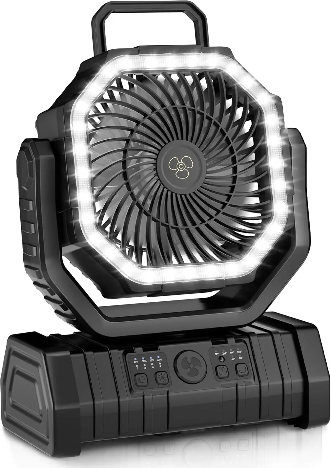 

Портативный перезаряжаемый вентилятор для кемпинга с LED-подсветкой, пультом ДУ, 4 скоростями, таймером, USB-C, крючком для подвешивания для туристической палатки