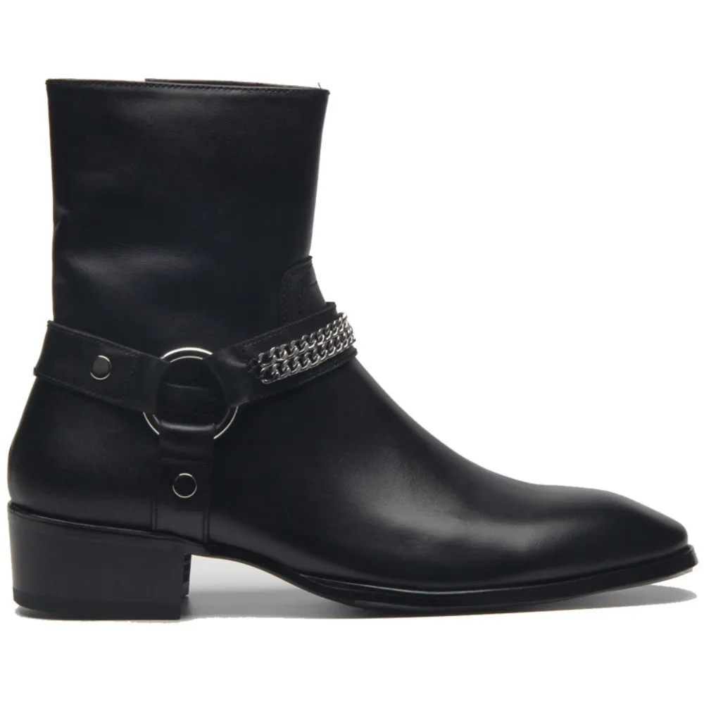 حجم 37 ~ 46 تشيلسي أحذية الرجال 2025 ماركة مريحة 5 سنتيمتر كعب أحذية رجالي موضة سلسلة معدنية جلد طبيعي الرجال الأحذية #4