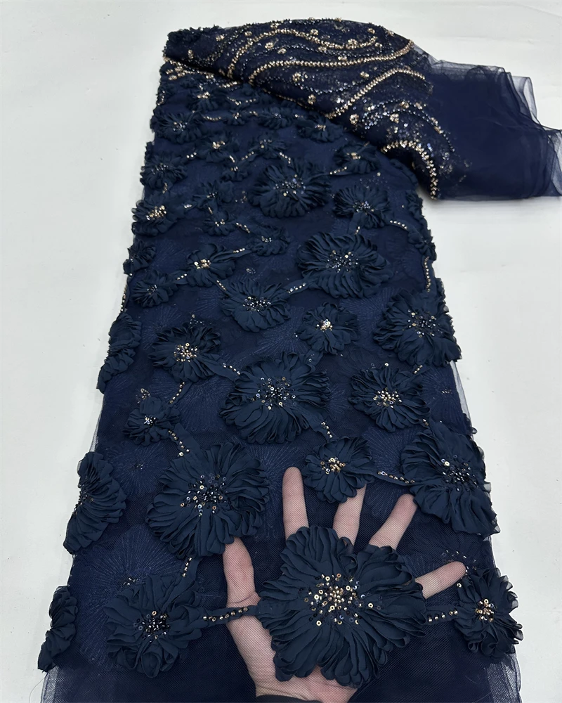 Encaje de tela africana con cuentas 3D de lujo - 5 yardas de alta calidad para costura de vestidos de novia