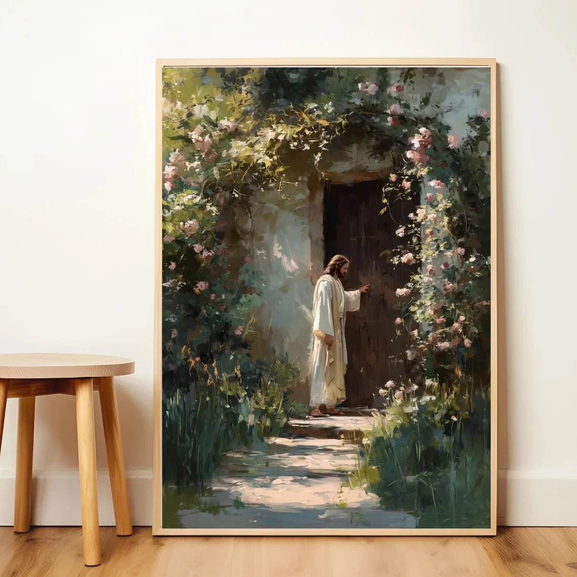Jesus Knocking on Door Bible Verse Wall Art - Vertical Christian Religious Canvas Painting, Modern Classic Jesus Christ Knocking