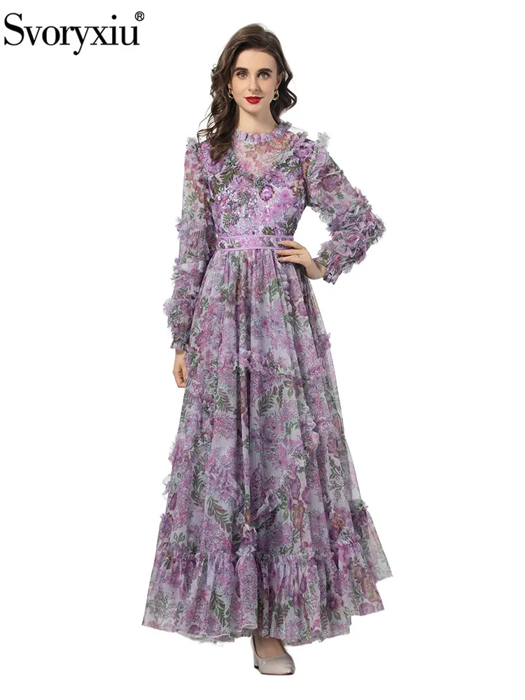 

Svoryxiu Runway Fashion Autumn Vintage Floral Print Long Dress Women Flounces Collar Sequins Embroidery Flounces Big Swing Dress