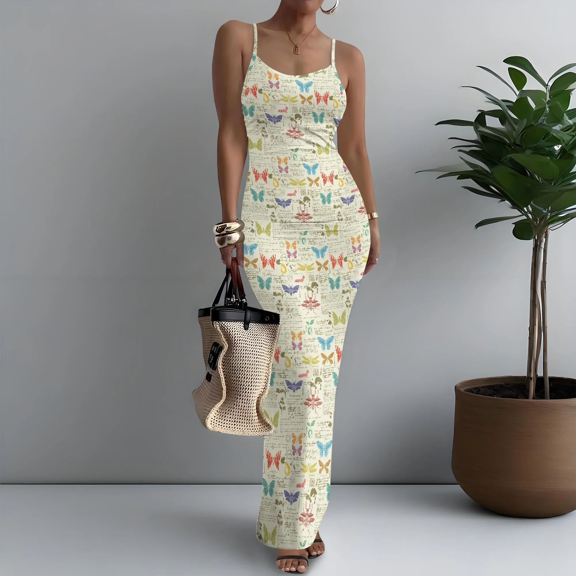 

Women's Spaghetti Strap Maxi Dress Minimalist Butterfly Print Polished XS-3XL