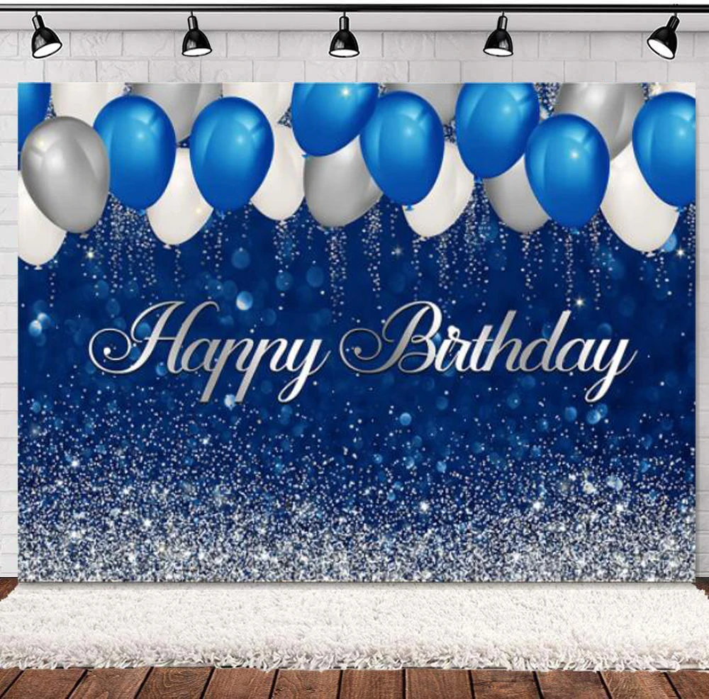 

Silver And Blue Happy Birthday Photography Backdrop Glitter Sequin Dots Balloons Bokeh Adults Men Boys Background Party Decor