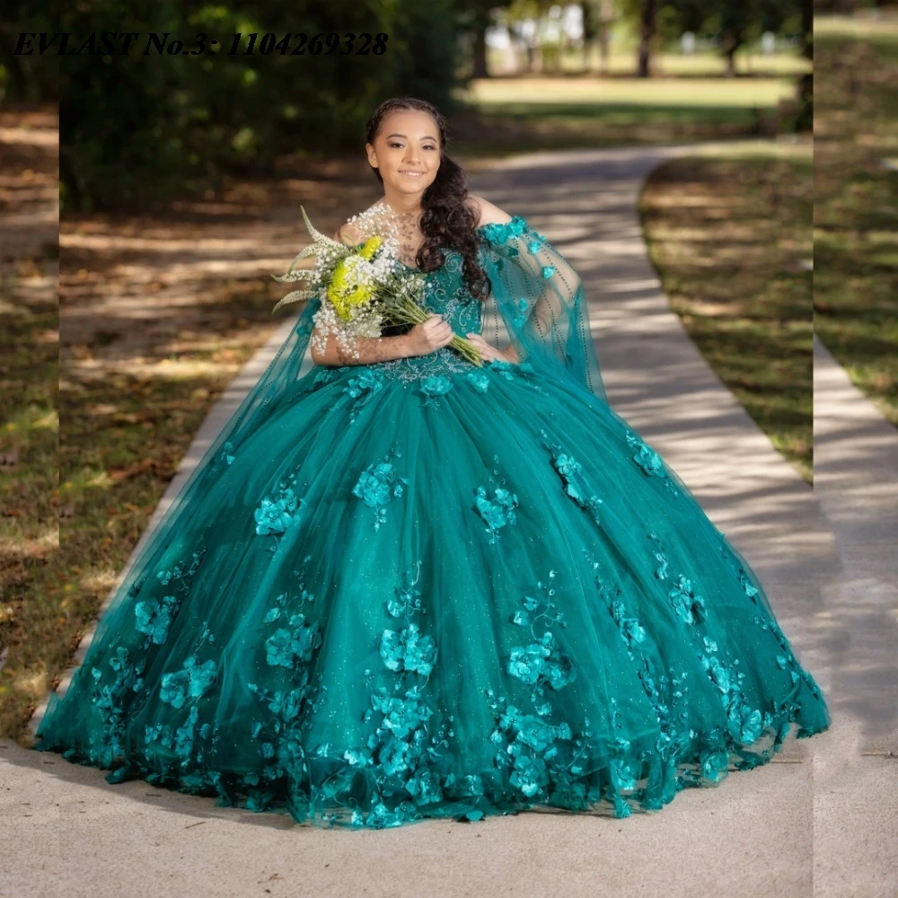 

EVLAST индивидуальное темно-зеленое платье Quinceanera, бальное платье с 3D цветочной аппликацией и бисером, накидка Sweet 16, Vestidos De 15 Anos E3Q803