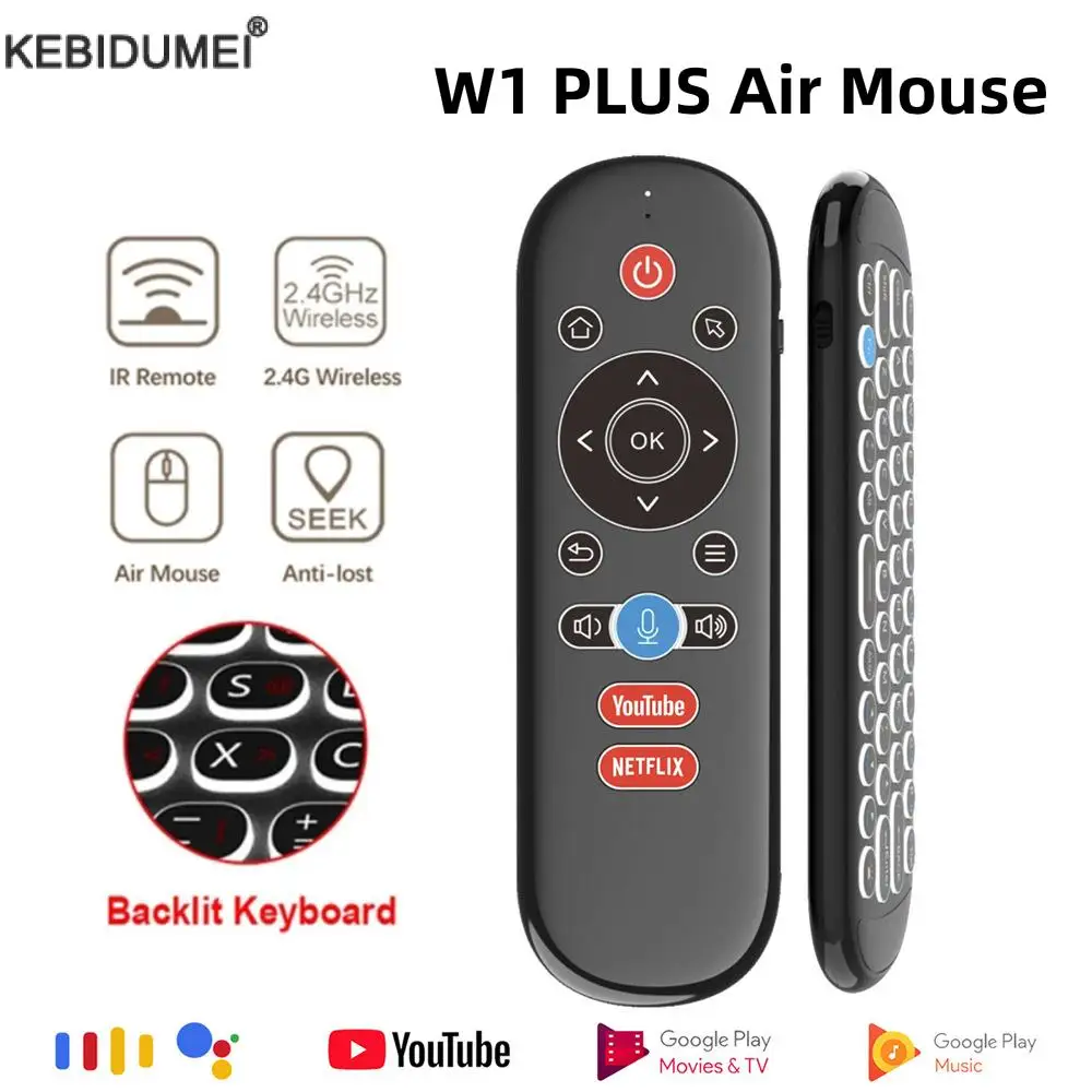 W1 PLUS 2.4G Remote Control Backlit Wireless Mini Air Mouse Smart Gyroscope Keyboard Sense Anti-loss IR for Android TV Box