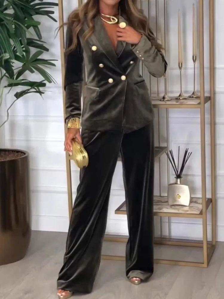 بدلة على الموضة معطف مجموعة للنساء أنيقة الصلبة طويلة الأكمام الخامس الرقبة القمم عالية الخصر بنطال ذو قصة أرجل واسعة 2 قطعة مجموعات سيدة مكتب الملابس
