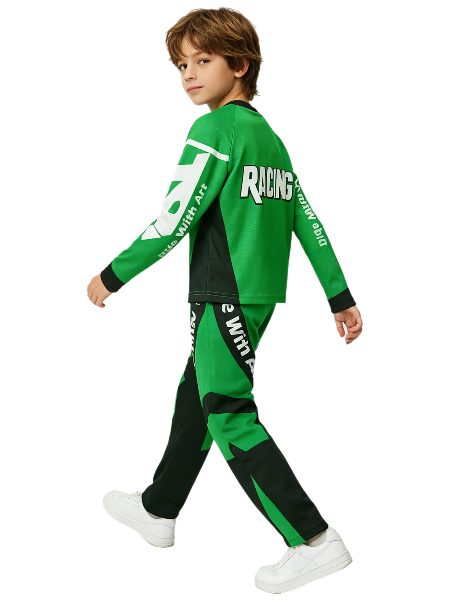 Kids Dirt Bike Riding Outfit Letter Print Color Block V Neck Long Sleeve Jersey with Elastic Pants for Motocross Off Road Racing