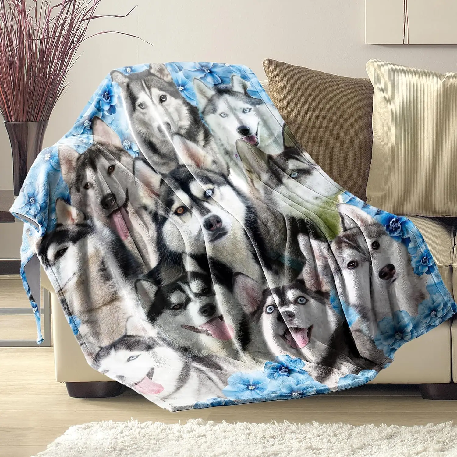 Husky Dog Print Blanket Blue Flower Design Super Soft Fleece Throw Pet Lover Gift for Dog Owners Home Decor Cozy Bedding