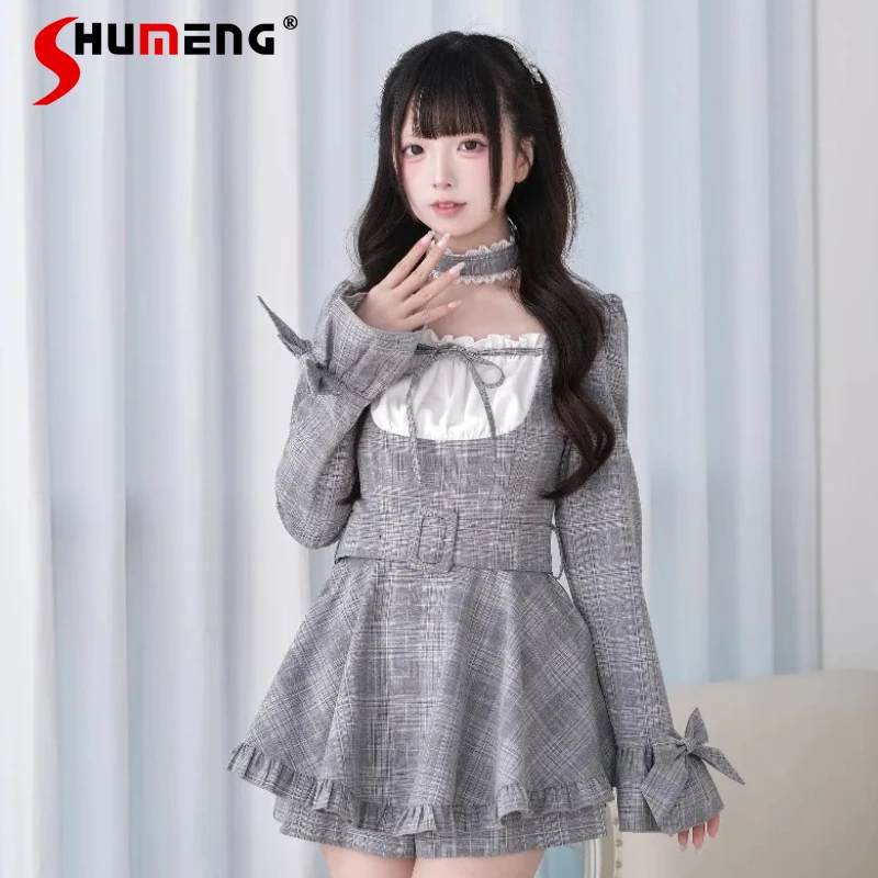 

Rojita Chic Cute Plaid Dress Bow Lace Outfits New Japanese Subculture Mass-produced Sweet New Style Top Dresses And Shorts Suit
