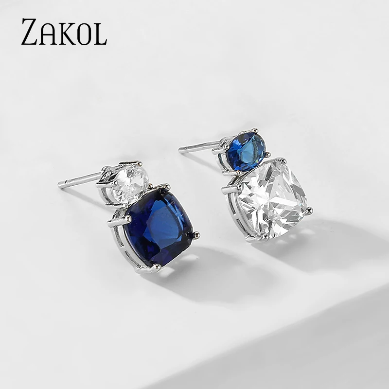 

ZAKOL Trendy Simple Square Blue Cz Zirconia Crystal Stud Earrings for Women Fashion Bridal Wedding Accessories Jewelry EP2474