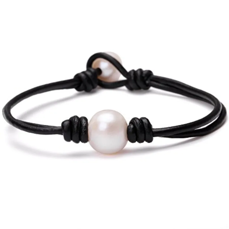 Pulsera de Perlas Cultivadas de Agua Dulce Aobei Pearl, Hecha a Mano con Cuero, Joyería de Perlas para Mujer, 7''