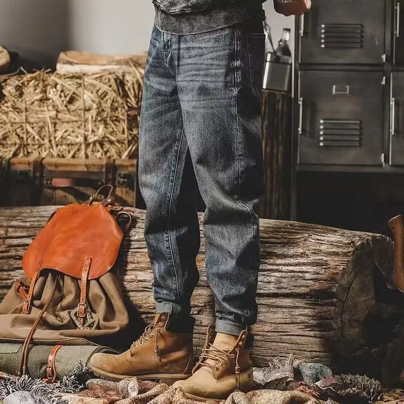 Celana Jeans Kerja Ukuran Besar Vintage Klasik Pria Model Lurus Longgar Tahan Aus Kancing Paris Musim Gugur Musim Semi Katun Denim