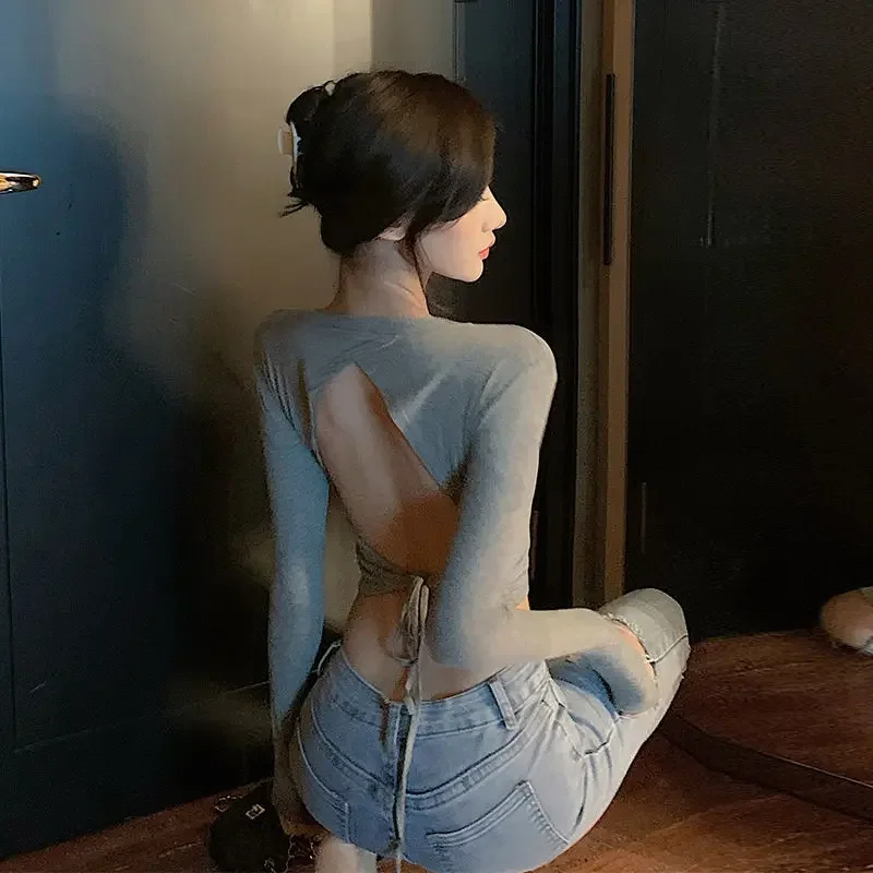 

Сексуальные футболки с открытой спиной, женские корейские удобные однотонные футболки с длинными рукавами Femme Harajuku, повседневная одежда Ropa, модная мягкая одежда High Street