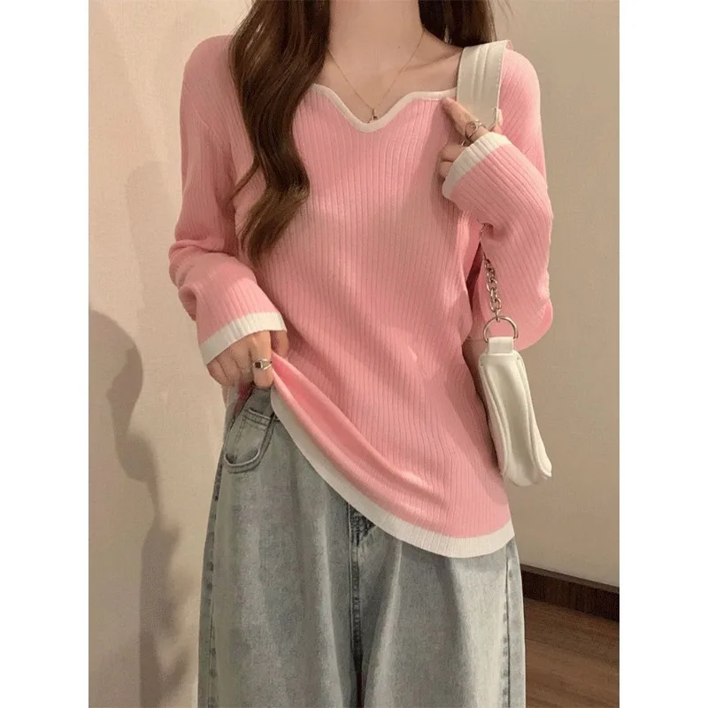 Women\'s Autumn Winter Fashion Elegant V-neck Contrasting Color Temperament Versatile Long Sleeved Slim Fit Sweater Knitting Tops