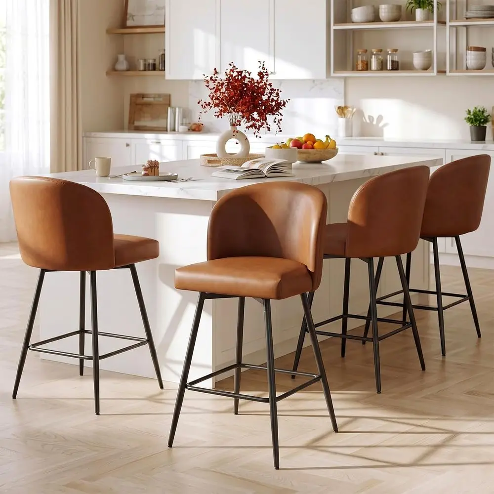 

Set of 4 Swivel Upholstered Bar Stools with Backs, 26 Seat Height, Faux Leather in Walnut Brown
