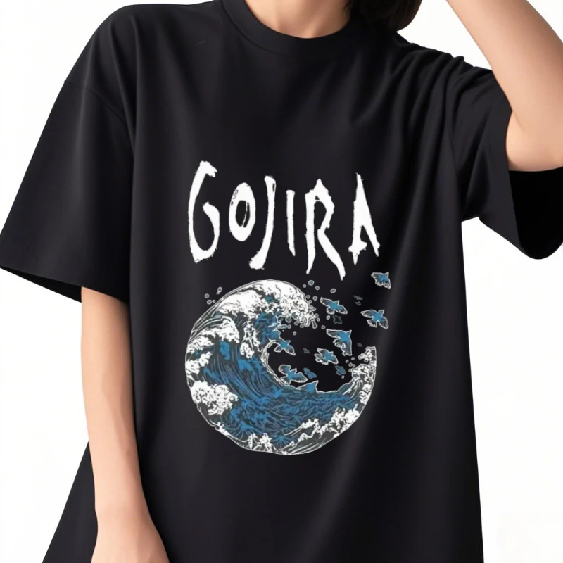 

2025 Мужские и женские футболки с принтом Gojiras Rock Metal Band, свободная хлопковая одежда, винтажные футболки с короткими рукавами, летняя футболка с круглым вырезом