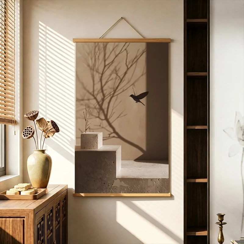 Wall Decor Soft Branch Shadows in Warm Sunlight, Natural Linen Aesthetic Pearlescent Canvas Wall Hanging Scroll for Reading Nook