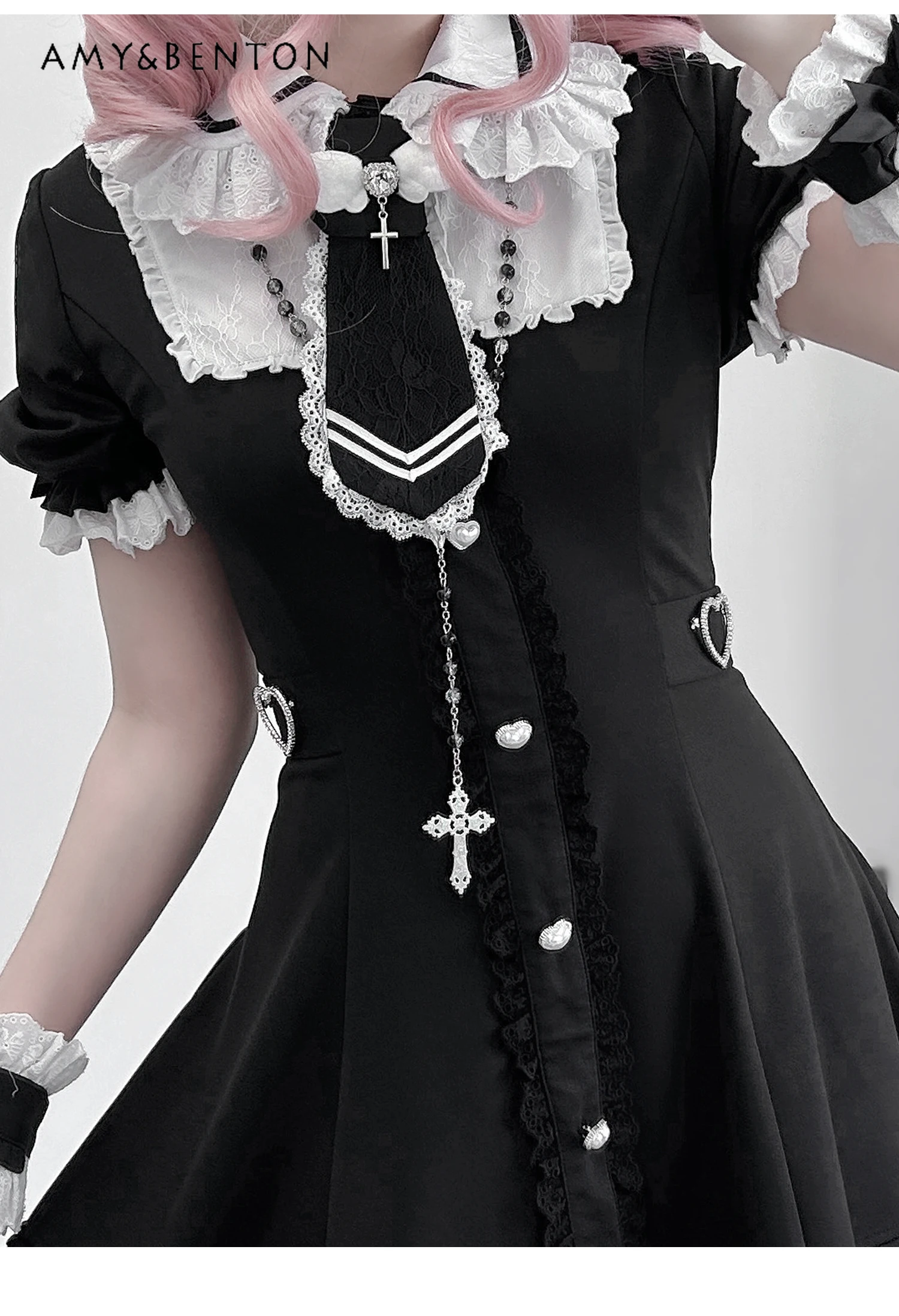 

Japanese Mass-Produced Lace Patchwork Doll Collar Short Sleeve High Waist Slim Ruffle Dress Elegant Princess Lolita Dresses