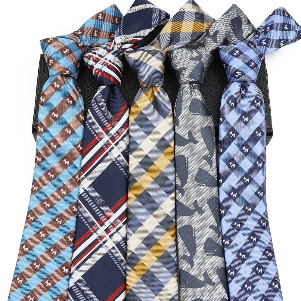 Classic Men's 6cm Ties Polyester Black Red Navy Blue Dog Stripe Checked Colorful Narrow Fit Necktie Wedding Casual Accessories