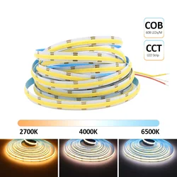 5M COB CCT LED 스트립, 12V 24V DC 608LED, FCOB LED 조명, 조도 조절 듀얼 화이트 컬러, 10mm PCB 고밀도 유연한 Ra90 선형 테이프